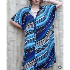 Missing Polynesia Anela DressButton Front Belted Colorful Hawaiian Blue Coverup